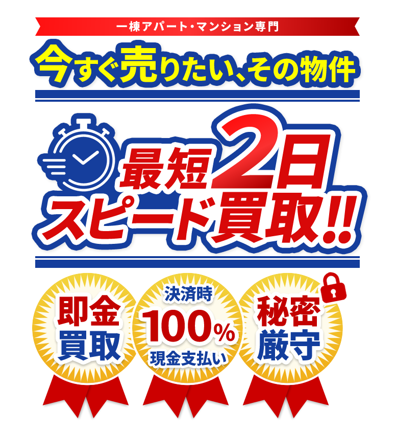 今すぐ売りたい、その物件。最短2日スピード買取り!!